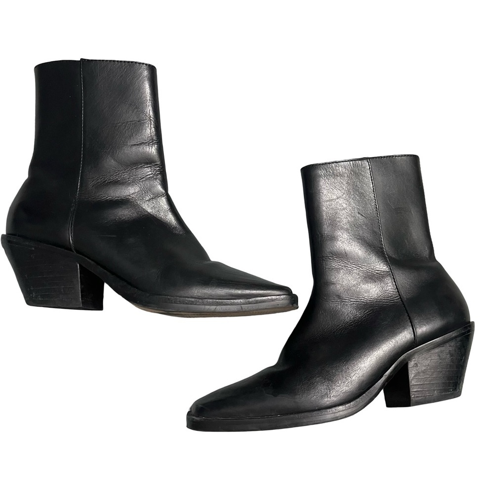 By Anthropologie Square Toe Leather Boots Size 36 Black Made In Brazil Side Zip - Picture 10 of 13